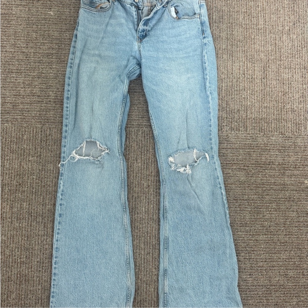 Zara Light Blue Flare Jeans with Distressed Knees